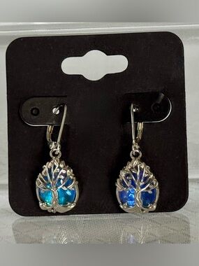 Tree of Life Silver Drop Earrings with Blue-Green Teardrops